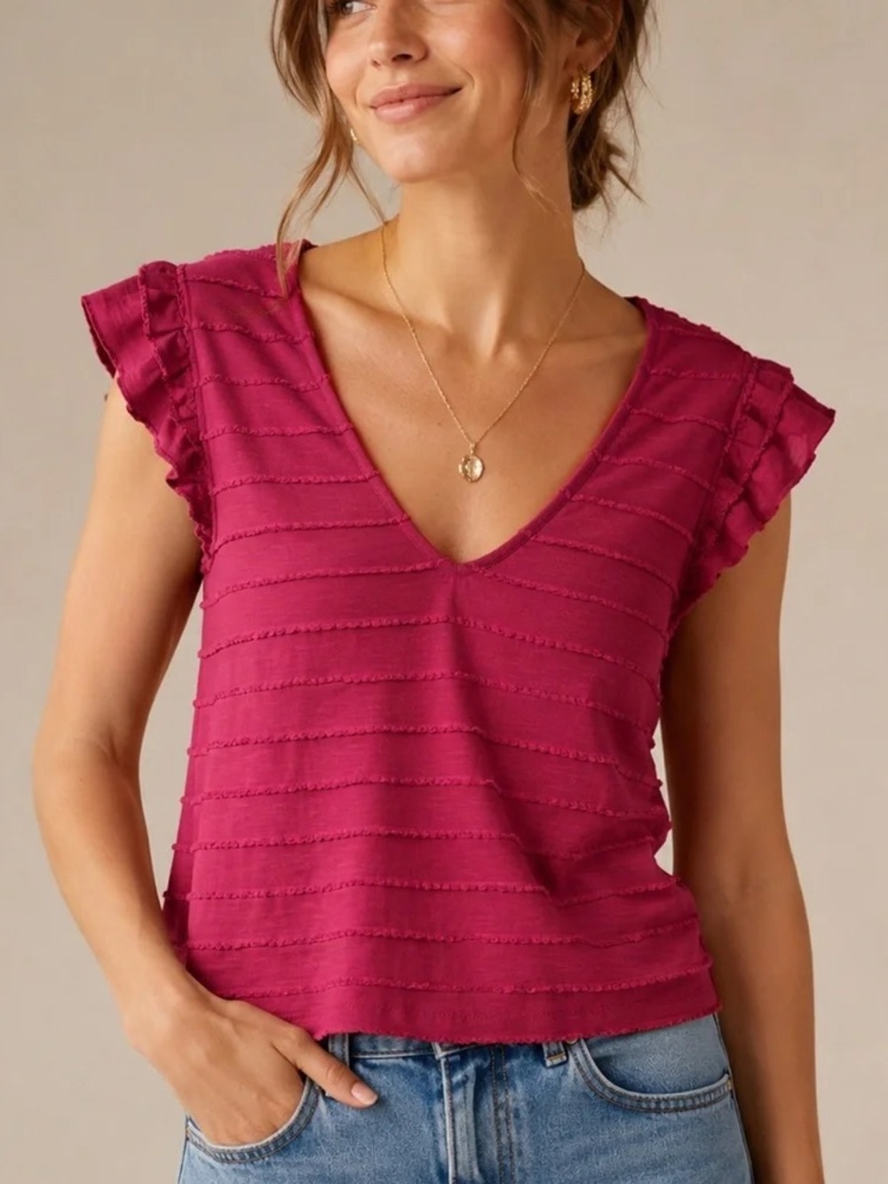 Anthropologie V-Neck Ruffle Sleeve Tank Top In Raspberry Size XS